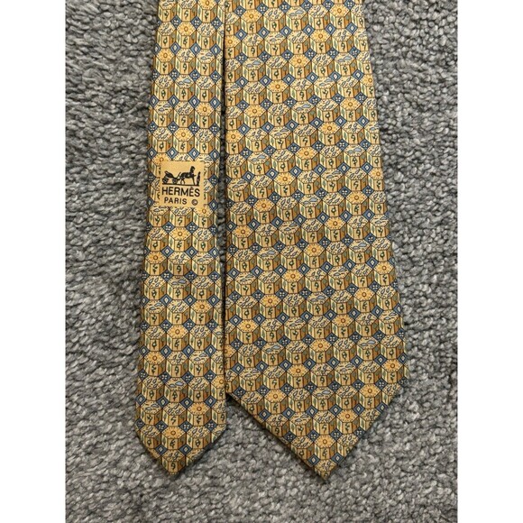 Hermes 7768 FA Yellow Geometric Forest Cube Silk Tie